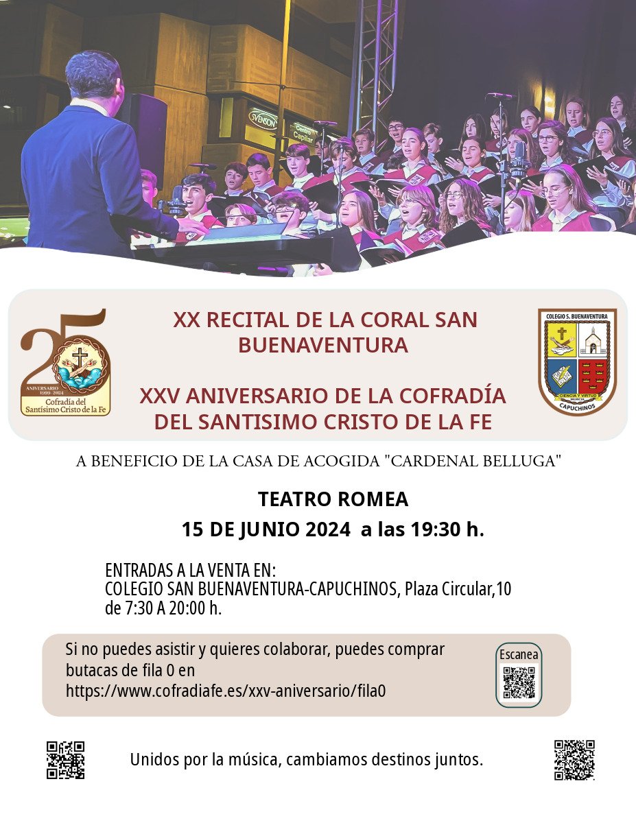 A partir del lunes 13 de mayo están a la venta las entradas para el evento musical y solidario de la <a href="/Cofradia_Fe/">Cofradía_Fe</a> junto a la Coral San Buenaventura. No te quedes sin la tuya y si no puedes venir y quieres colaborar, compra una entrada de fila 0.