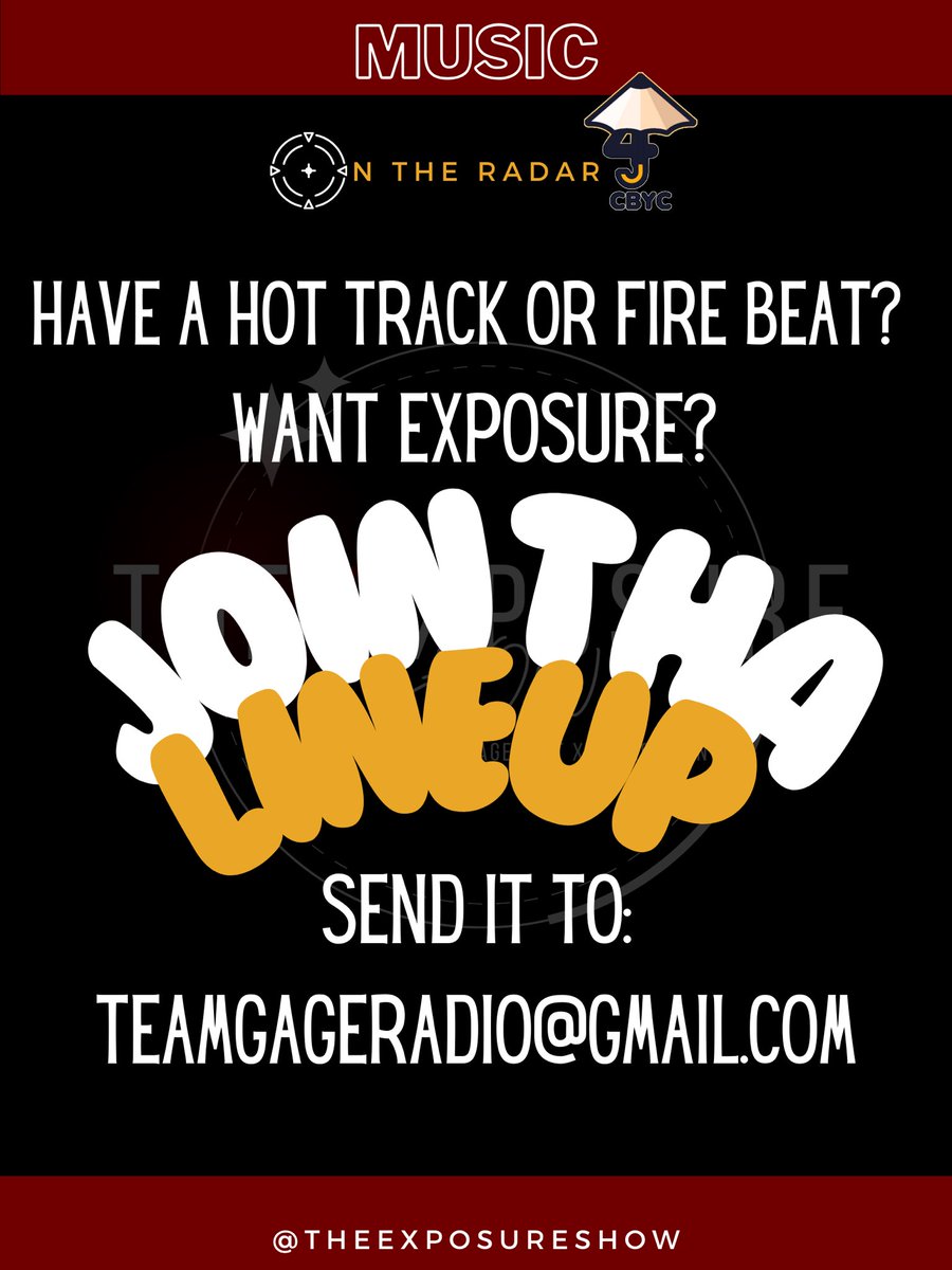 Have a hot song or 🔥 beat? Submit your music to be featured on our weekly spotlight show! Tag an artist | producer 🎶 

Follow @The3xposureShow ☔️ @4cbyc 

#music #show #tagafriend #freestylefriday #ontheradar #4cbyc #theExposureShow #the3xposureshow