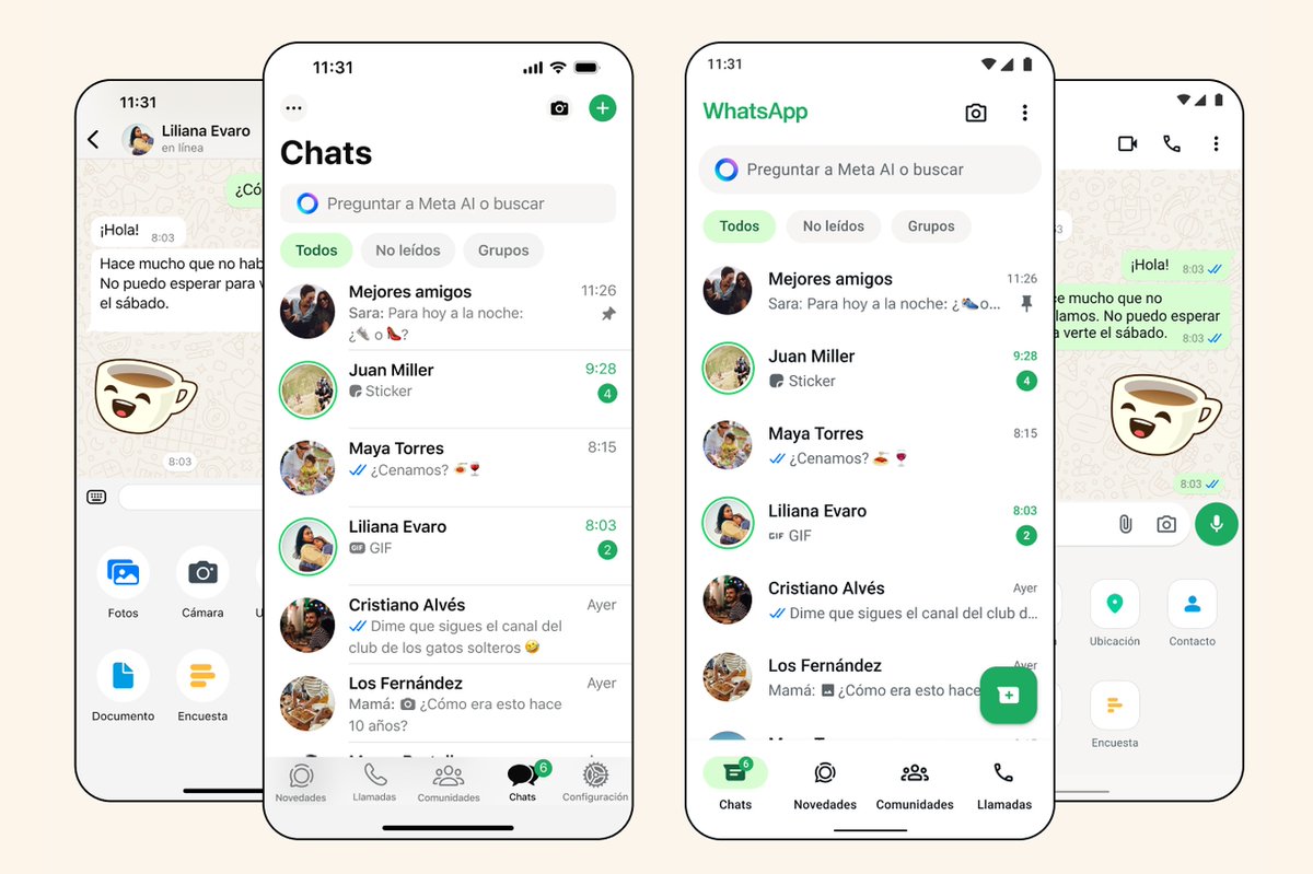 WhatsApp anunció un ajuste en la interfaz y, más importante, el desembarco de Meta AI (su asistente, que para mí se debería leer como 'meta ahí') en el mensajero (y en IG y FB). Está siempre disponible en el chat y le podés pedir 'cosas' lanacion.com.ar/tecnologia/wha…