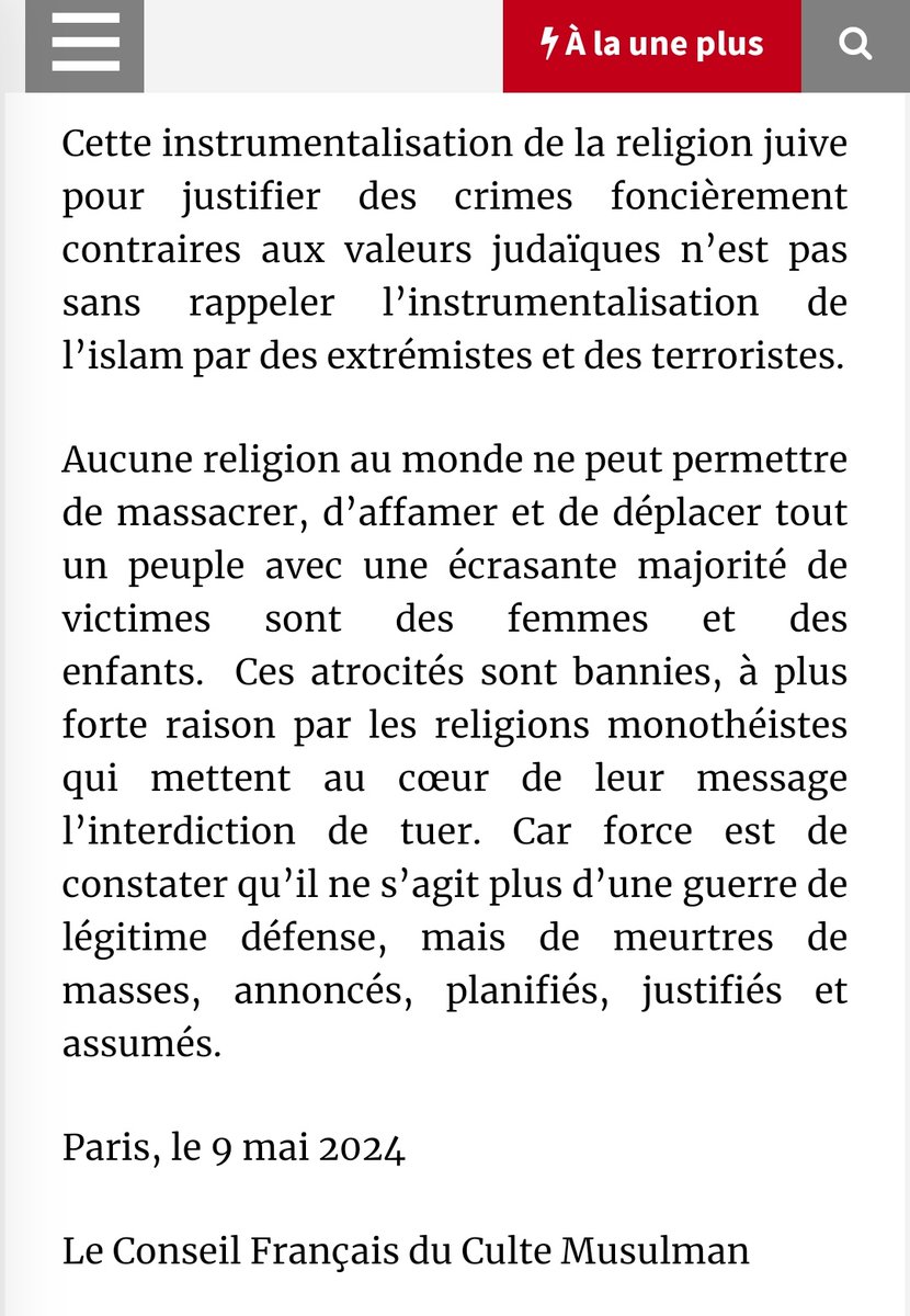 Mesdames, messieurs, le CFCM! Le Conseil Français du Culte Musulman dénonce officiellement Israël et son instrumentalisation de la religion juive à des fins criminelles. 💪🏽💪🏽💪🏽 communiqué inhabituel et sans concession!