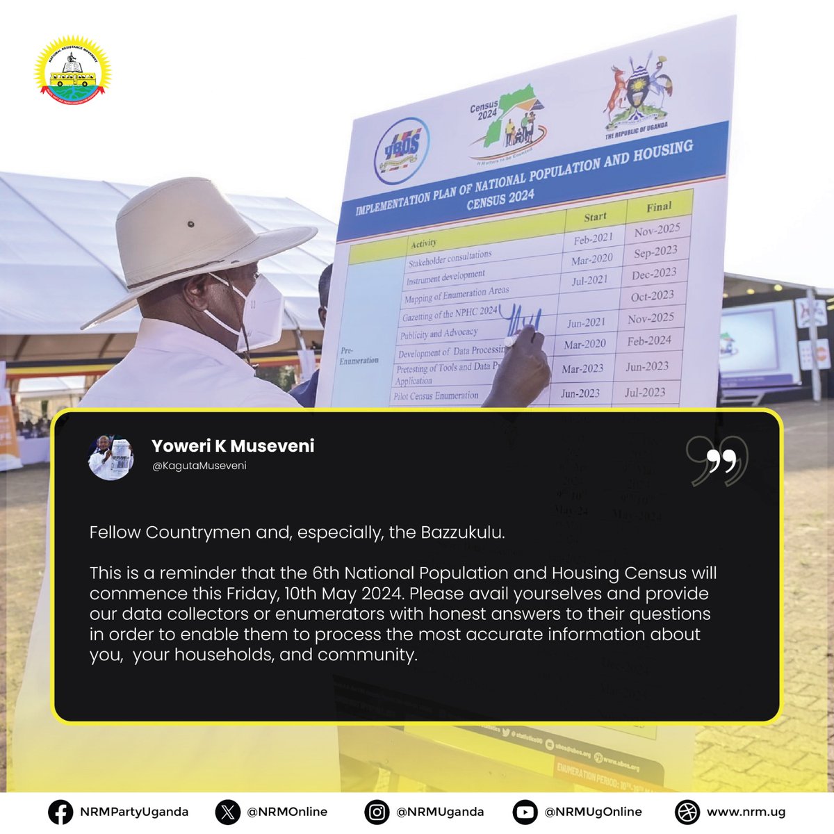 The 6th National Population and Housing Census will commence tomorrow Friday, 10th May 2024. Please avail yourselves and be counted. #Census2024 instagram.com/nrmuganda