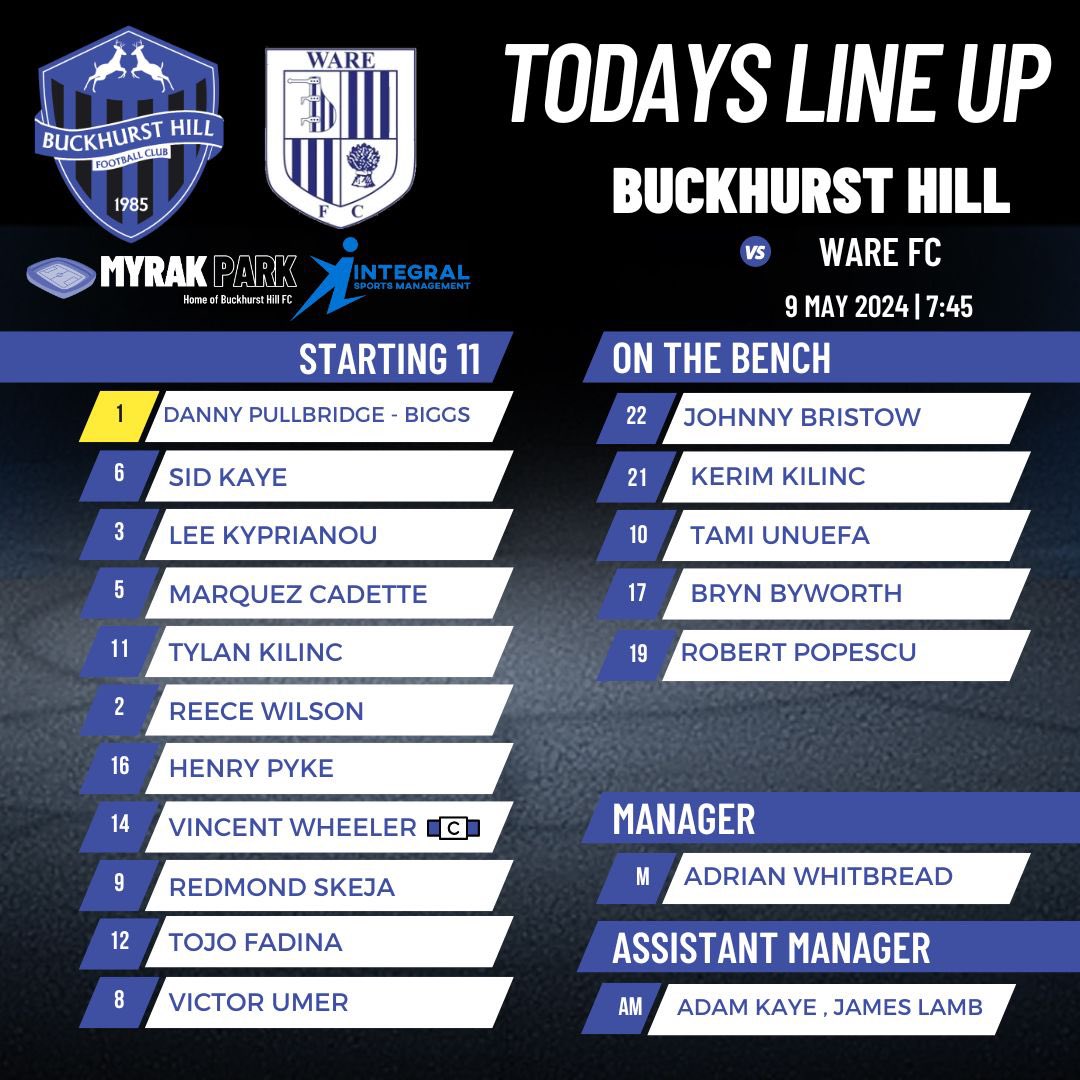 TONIGHTS SQUAD 👊
Adrain picks his 11 to take on Ware FC for tonight’s cup final