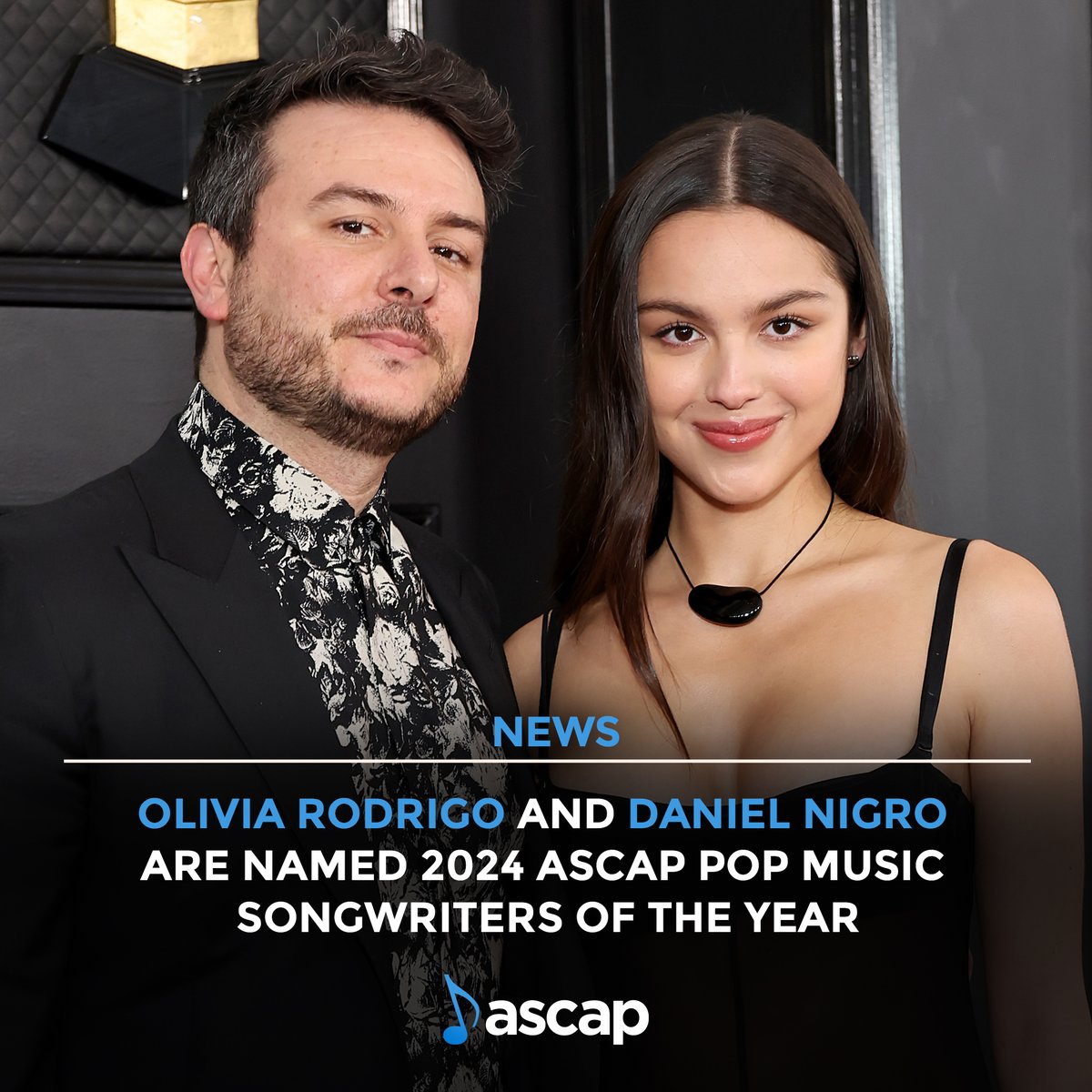 Olivia Rodrigo and Daniel Nigro are this year’s 🏆🏆 ASCAP Pop Music Songwriters of the Year! They ruled the pop charts in the past year with “vampire” and “bad idea right?” from Olivia’s sophomore album ‘GUTS’ #ASCAPAwards