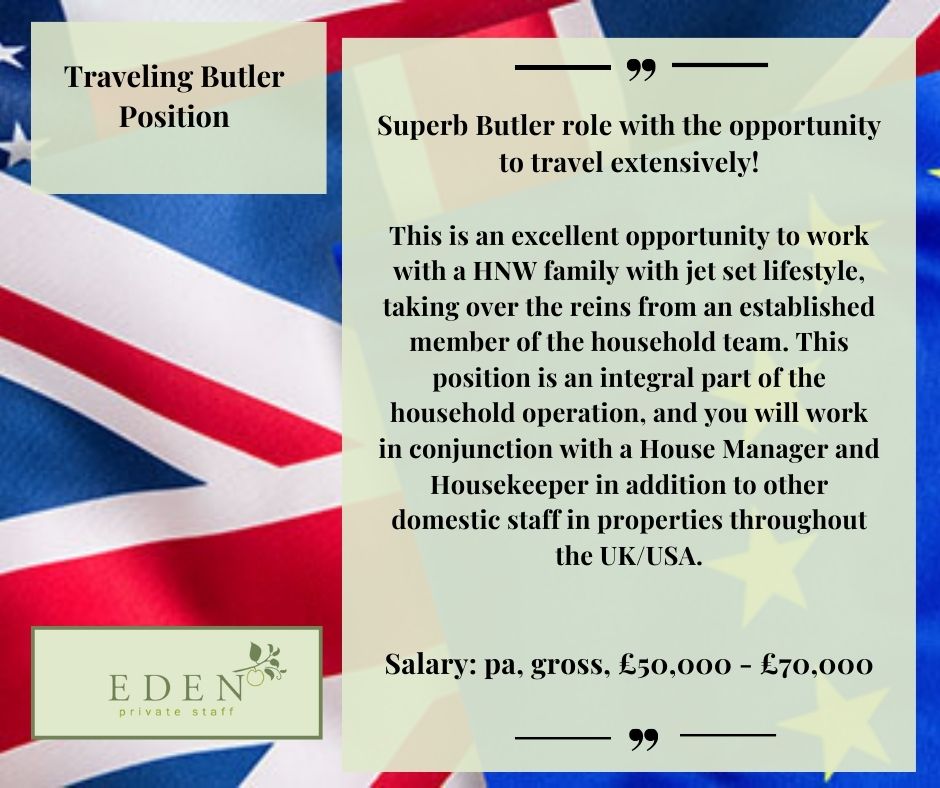 Traveling Butler role! - Superb Butler role with the opportunity to travel extensively.

edenprivatestaff.com/job/travelling…
#butlerjobs #housemanager #headhousekeeper #privatehousehold #staffingservices #familyoffice #housemanagerbutler #butler
