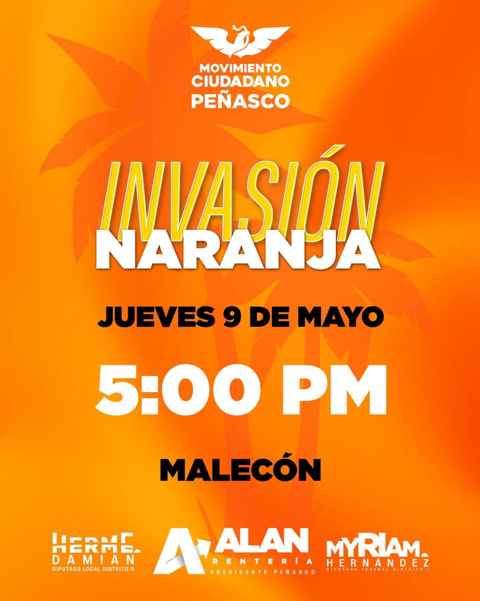 AlanRenteriaM's tweet photo. Nos vemos HOY en el Malecón!! Llegó la #InvasiónNaranja a #Peñasco #LoNuevoLovale #AlanPresidente #MC https://t.co/7Pq1sp1TeG