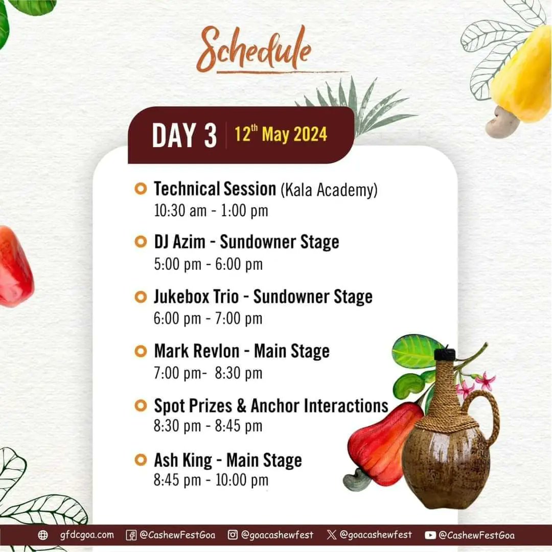 Get ready for an unforgettable experience at Cashew Fest Goa Season 2! 🎉

Mark your calendars for 10th, 11th, and 12th May
📍D.B. Grounds, Campal, Panaji, Goa ✨

#CashewFestGoa #Season2 #FlavorfulDelights #LiveMusic #TechnicalSessions #FoodieParadise #DontMissOut #goanewslink