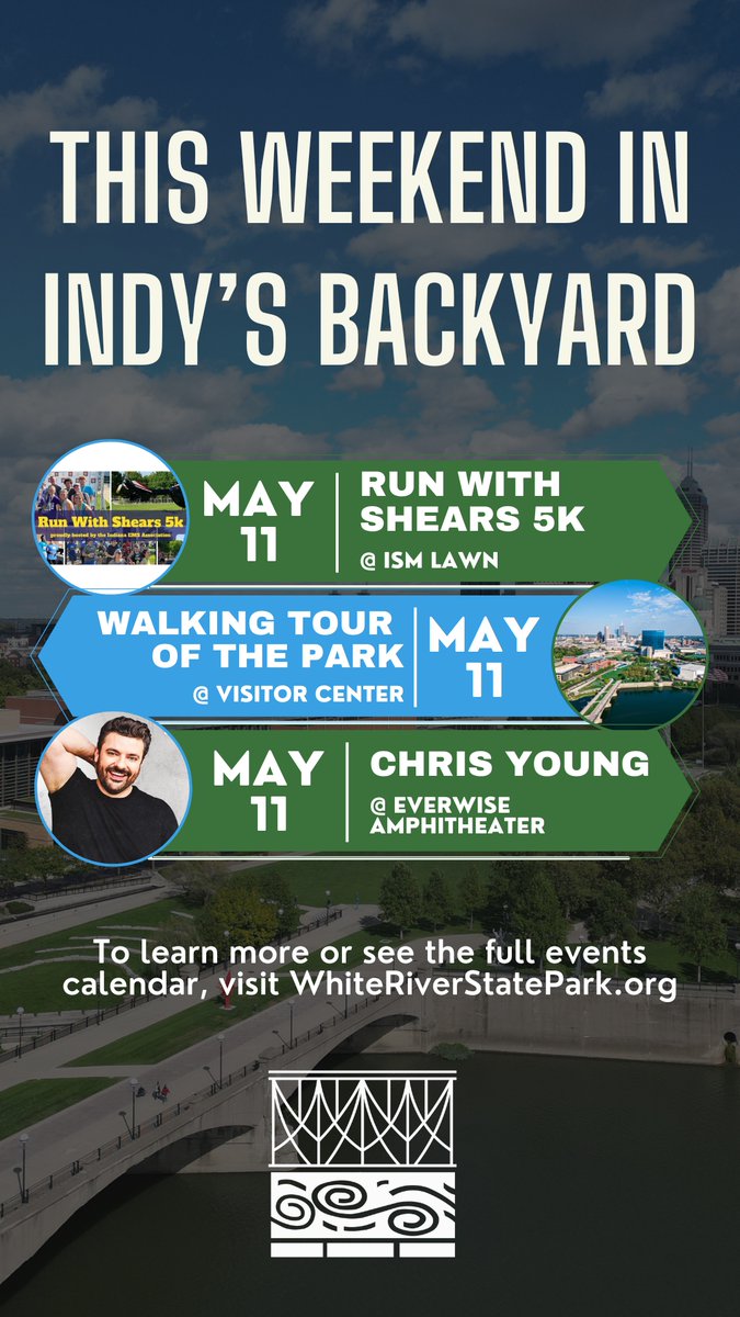 WhiteRiverStPrk's tweet photo. The weekend lineup: 

🏃 Run with Shears 5K
ISM Lawn
https://t.co/vV2K9GZBGW
 
🍃 Park Walking Tour
Visitor Center
https://t.co/bZnqt6rLIN

🎵 Chris Young
@EverwiseAmpWRSP 
https://t.co/voW36GWAiC

Full calendar at https://t.co/Bx0W0icnGn https://t.co/Ce7aA3w2Sv