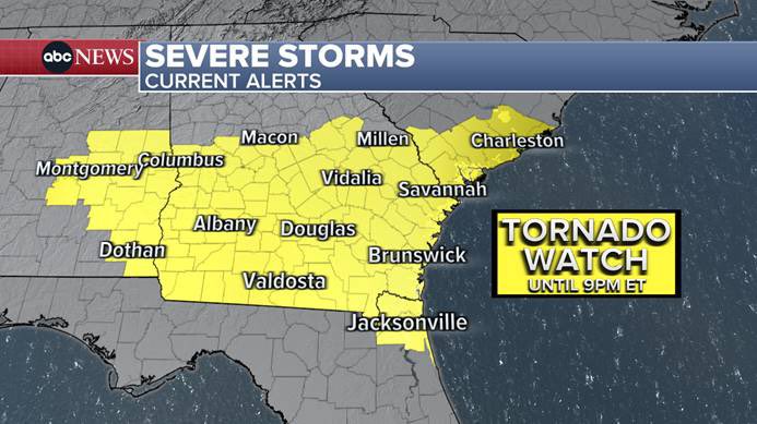Alabama, Georgia, Florida and South Carolina : parts of your states are in a tornado watch until 9 pm ET. A cluster of thunderstorms with history of producing tornadoes is moving through southern GA now and will continue to move south and east through this afternoon into the…