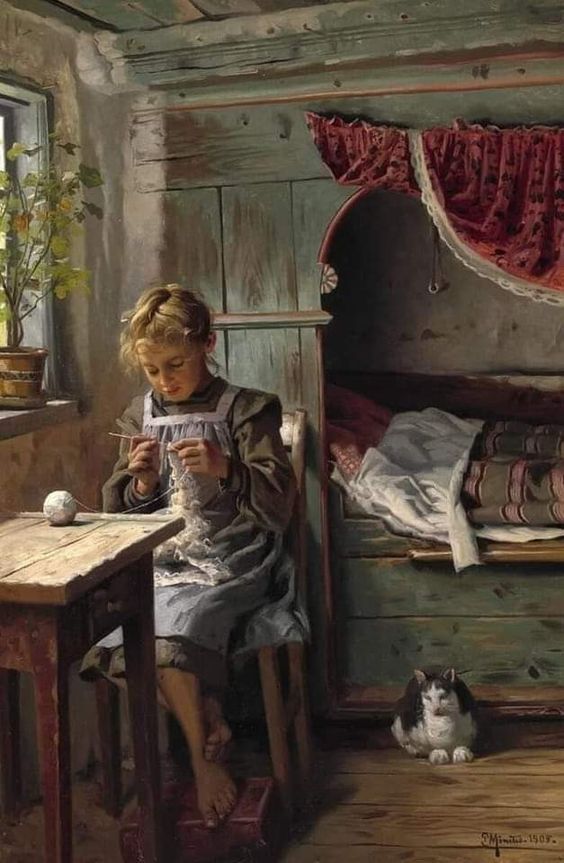 🎨Peder Mork Monsted (1859 - 1941) Interior from a peasant's house with a young girl crocheting by the window, 1905