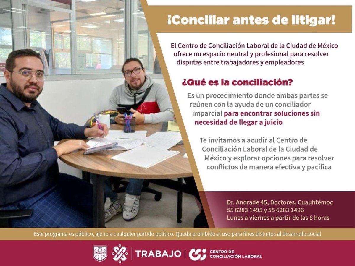 💼💬 Resuelve tus disputas laborales de manera rápida y pacífica, evitando largos procesos judiciales que pueden durar años. ¡Confía en nuestros conciliadores para encontrar la mejor solución a tus problemas! 🙌🏻

#TrabajoEnLaCiudad #JusticiaLaboral