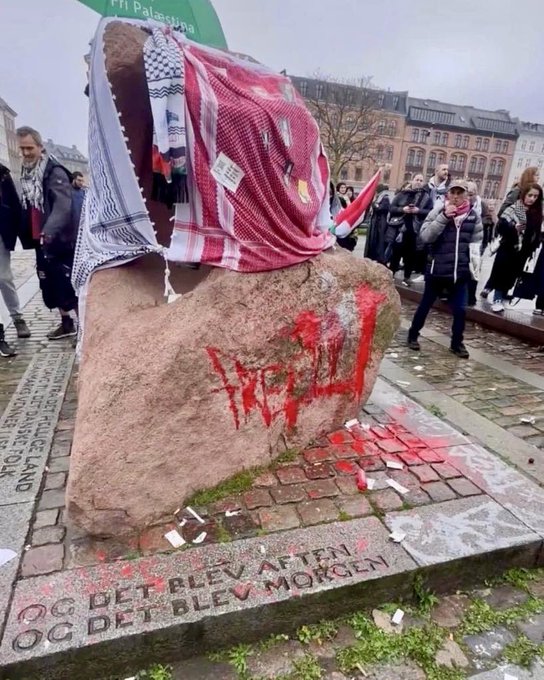 This monument in Copenhagen commemorates Denmark’s rescue of its Jews during the Holocaust. It has been vandalized by people who believe that 6 million dead Jews wasn't enough.
