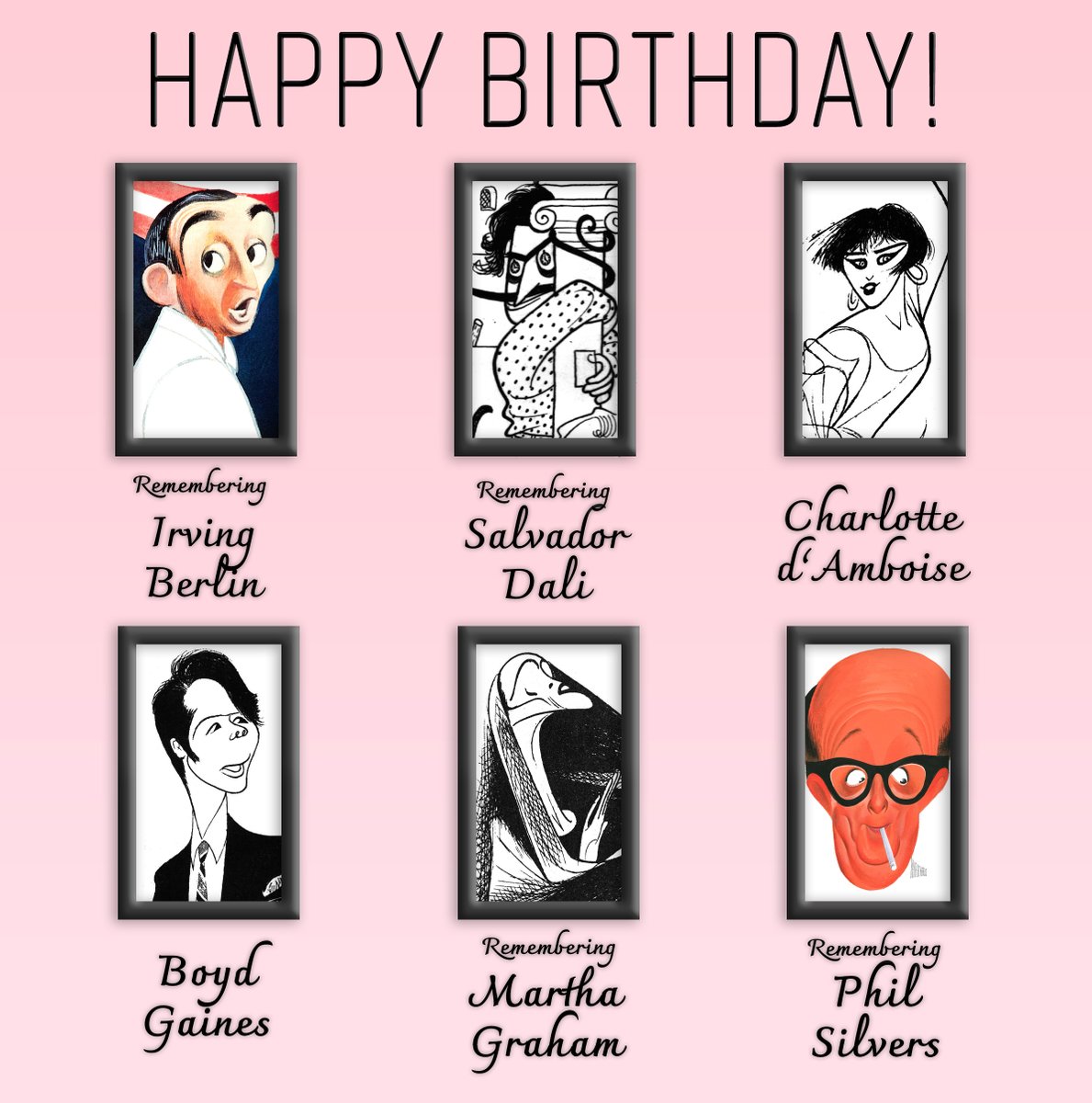 Today in Hirschfeld Birthdays: Irving Berlin, Salvador Dali, Charlotte d'Amboise, Boyd Gaines, Martha Graham, and Phil Silvers! View full works at alhirschfeldfoundation.org #Hirschfeld #Art #Drawings #Birthdays #IrvingBerling #PhilSilvers #MarthaGraham #Film #TV #Theater