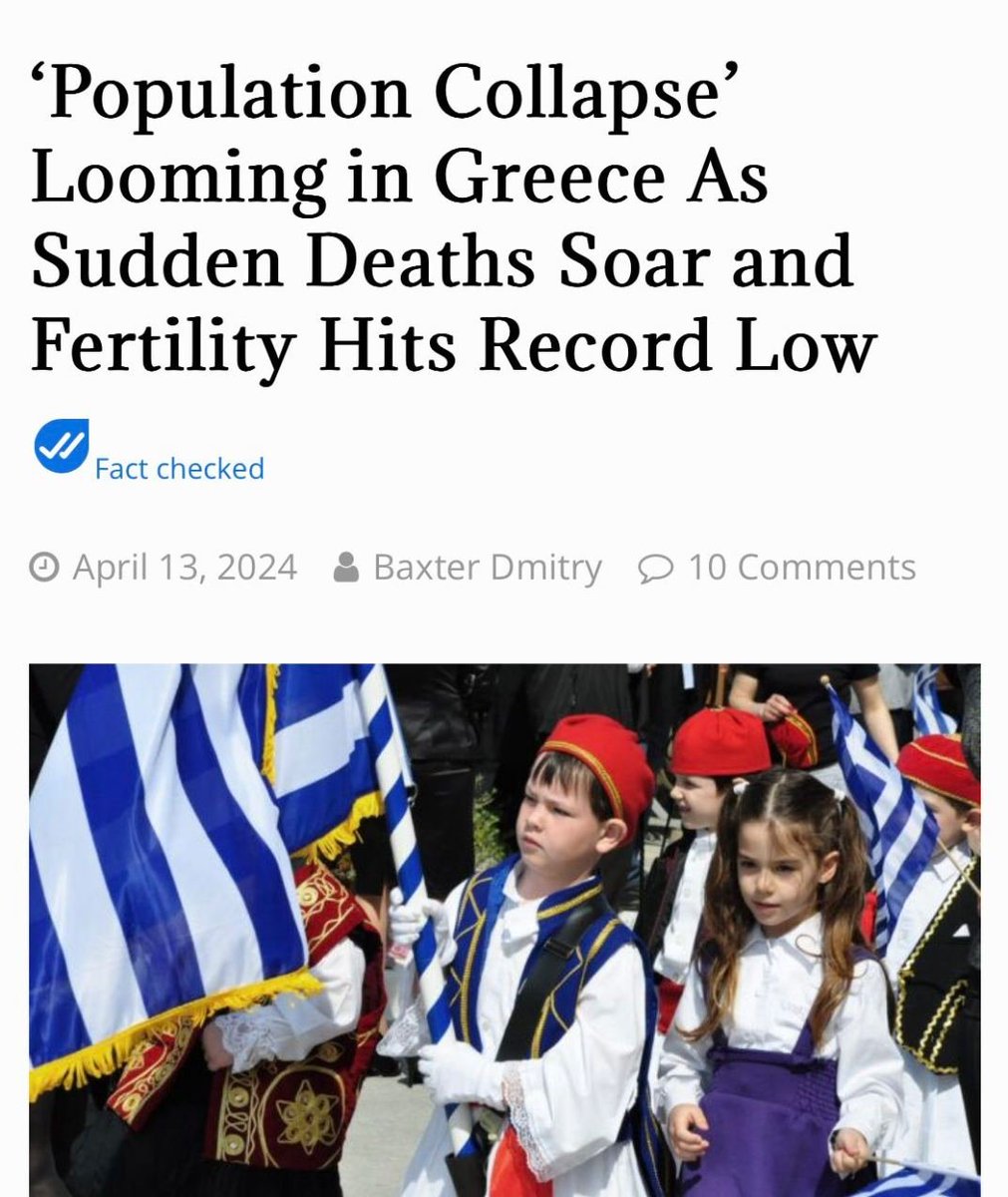 Greece: Sudden death, heart attacks, strokes, blood clots, cancer, fertility problems.

Greece is on the brink of becoming the first country to experience a 'population collapse' as sudden deaths and health issues like heart failure, strokes, blood clots, and rapid onset cancers…
