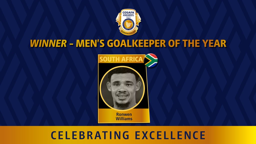 Winner of the 2023 COSAFA Men’s Goalkeeper Of The Year

Ronwen Williams South Africa 🇿🇦 

Follow the #COSAFAAwards2023 live! 
YouTube: tinyurl.com/y99fs46h