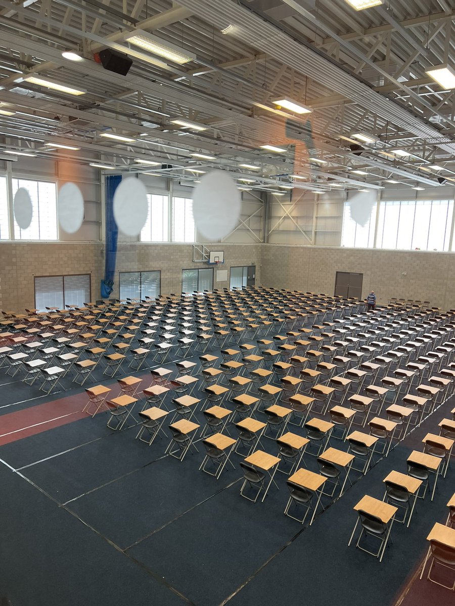 The Sports hall all set for 6 weeks of Exams📚
The Estates team smashed it again!💪🏽440 desks & chairs  in under 2 hours⏰
Good luck to all our students🤞🏼
@ExeterCollege 
#beexceptional 
#ExeCollProud
#Estates 
#exams