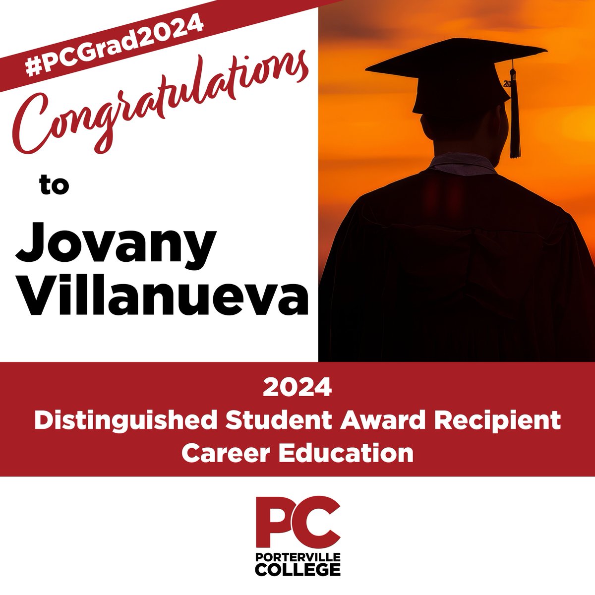 Congratulations to Jovany Villanueva -- 2024 Distinguished Student Award Recipient in Career Education! #PCGrad2024 #PCStudentSuccess