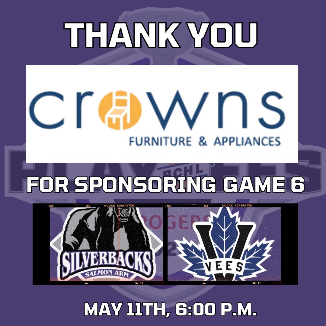 Thank you to our Kids Get in Free Sponsor, Crowns Furniture & Appliances for sponsoring Game 6 on Saturday, May 11th! The Silverbacks continue the 2023/24 playoffs at home against the Penticton Vees!⁠
