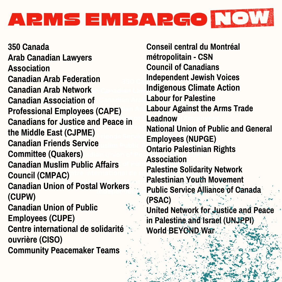 CUPW joins organizations & unions across the country in calling on the Canadian government to impose a full immediate arms embargo on Israel. #ArmsEmbargoNow = stop the flow of full weapons systems, components, military technology & tech. Join us ✍️ armsembargonow.ca #Gaza