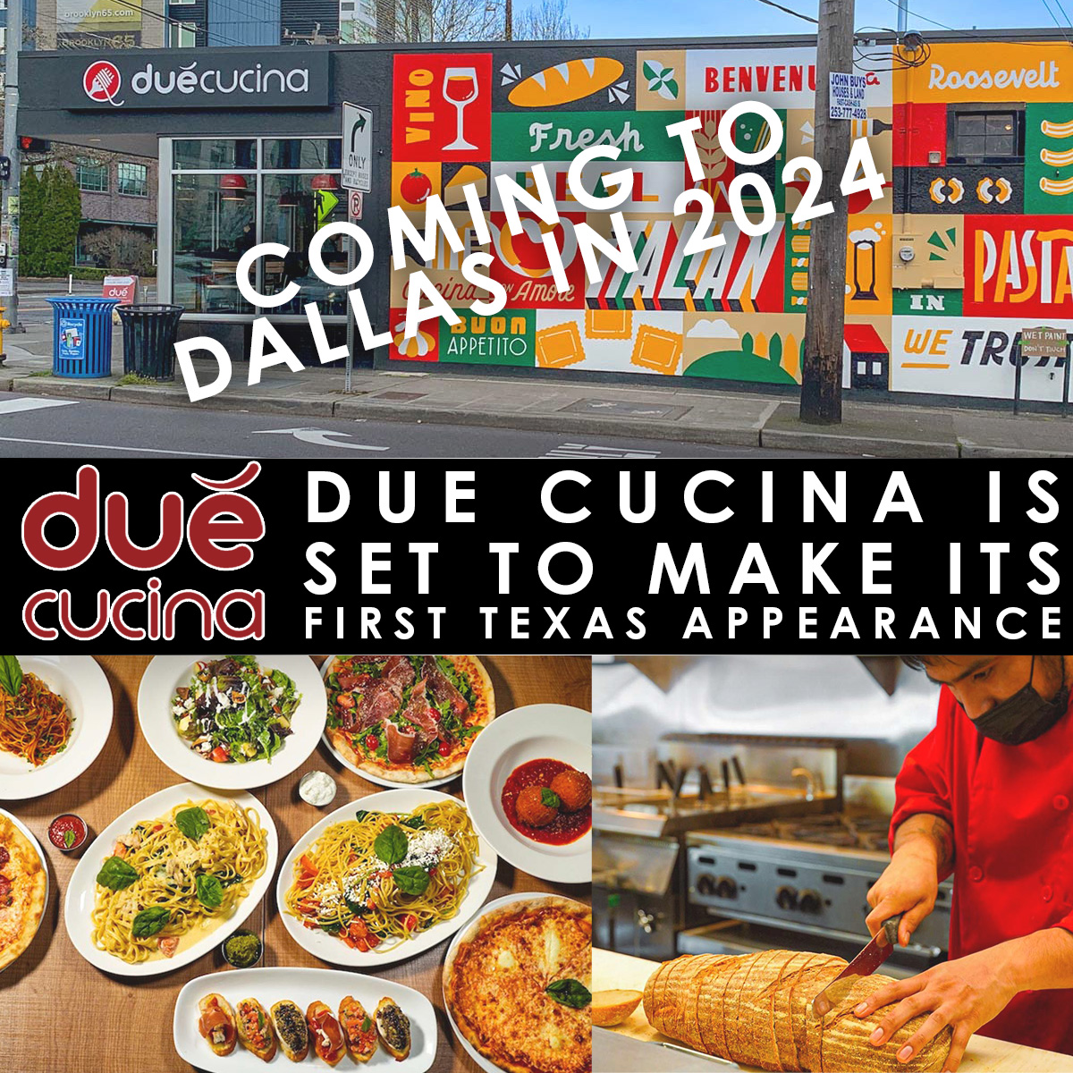 Due' Cucina, a fast-casual Italian restaurant from Seattle, is opening its first Texas location in Dallas' Lakewood in 2024. Known for homemade pasta and Italian cocktails, it aims to offer affordable, quality food.