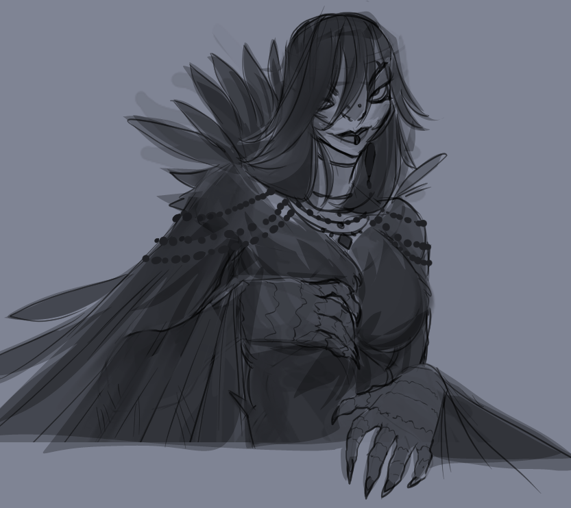 Sketched up a big goth harpy to do some patron business in my setting. Her bag is rogues and warlocks, the gothest of the classes.