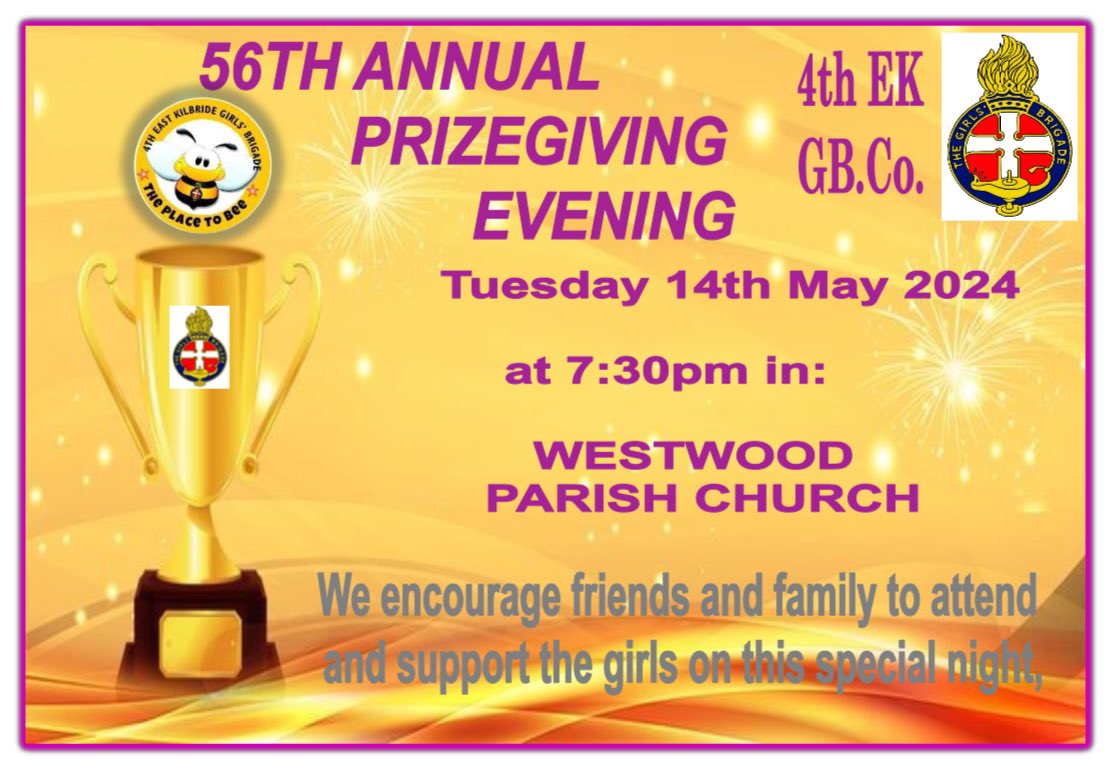 Just a reminder our Annual Prize Giving is this coming TUESDAY 14TH MAY 2024, please join us and pop along to support our company.