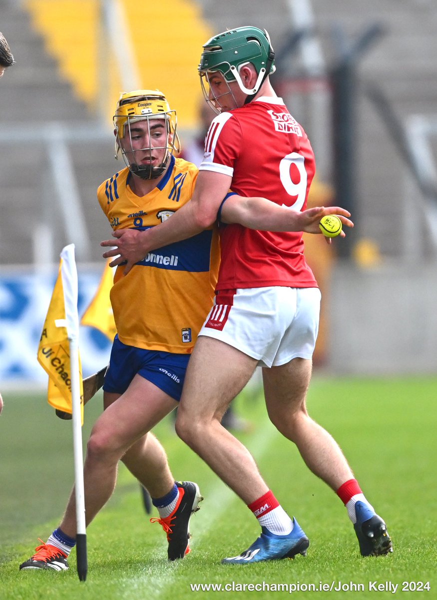 Matthew Corbett of Clare in action against Jack Hegarty of Cork during their Munster Minor Hurling Championship game at Pairc Ui Chaoimh. Photograph by John Kelly. The score at half time is @GaaClare 1-09 , @OfficialCorkGAA 0-12 @MunsterGAA #GAA