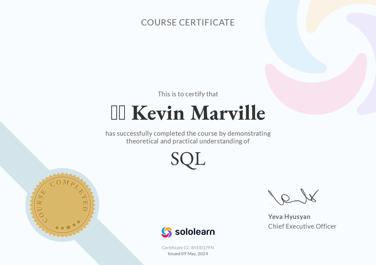 techandstream's tweet image. Leveled up my SQL skills!  #databaselife #SoloLearn