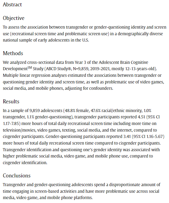 NEW STUDY: Trans-identified adolescents report more screen time & higher problematic screen use than their peers.