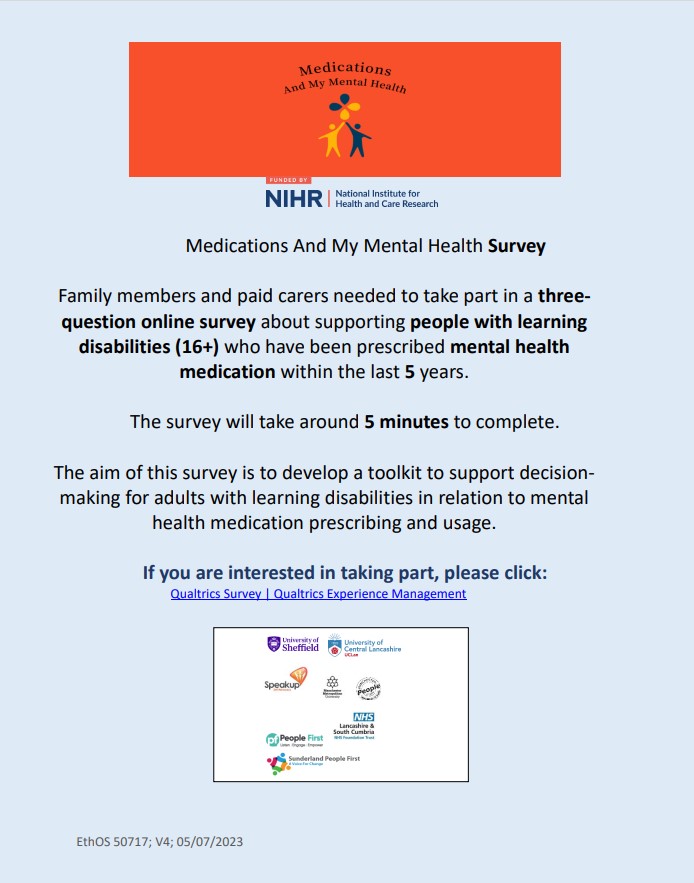 Our Medications and My Mental Health Survey is now live. We are looking for families and paid carers based in England to take part. More information below. The link to the survey is here: mmu.eu.qualtrics.com/jfe/form/SV_eV…