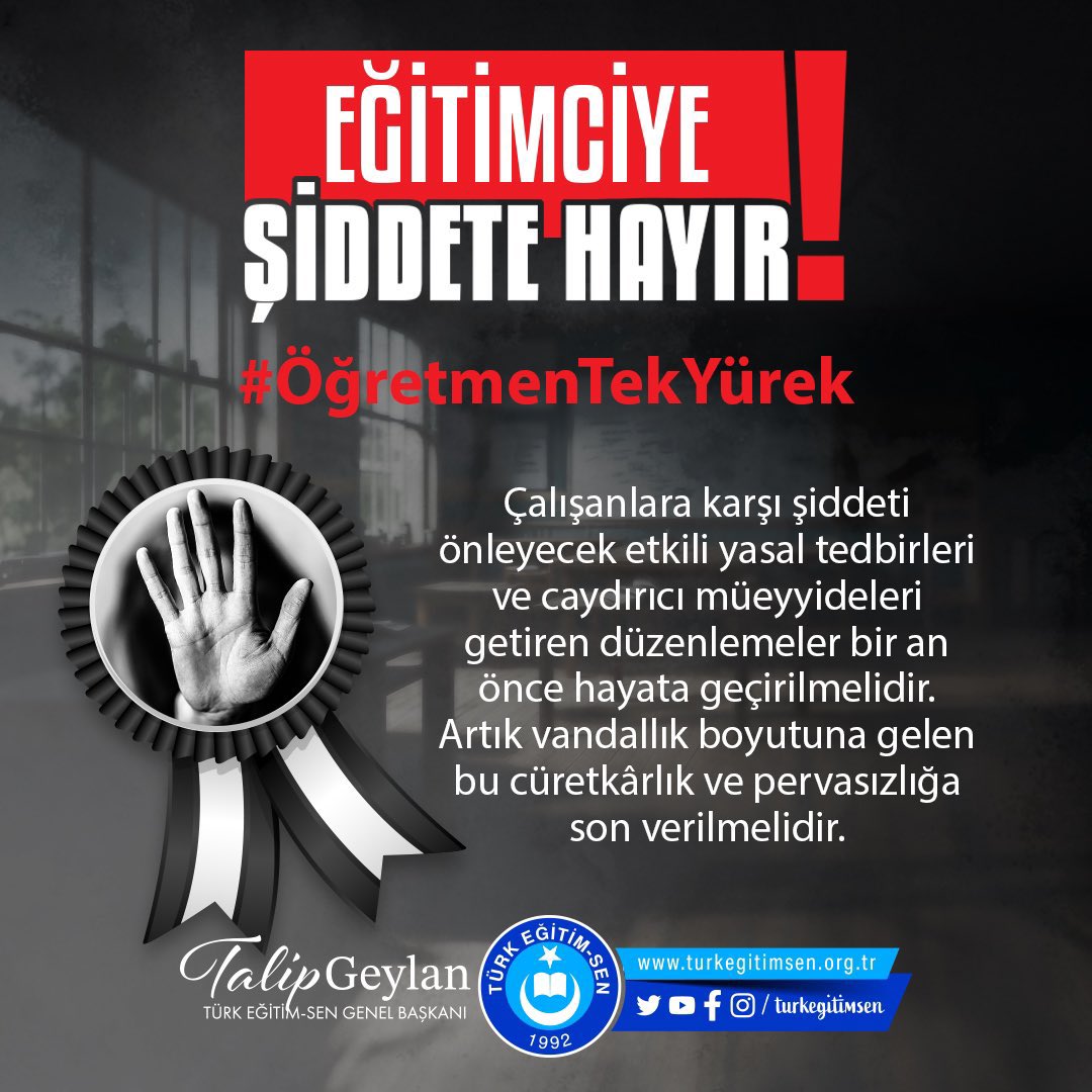 Öğretmen, her önüne gelenin kolaylıkla hakaret edebileceği, şiddet uygulayabileceği bir meslek değildir.
Meslektaşlarımıza yönelik şiddeti önleyecek etkili tedbirleri ve caydırıcı müeyyideleri getiren yasal düzenleme bir an önce hayata geçirilsin.
#ÖğretmenTekYürek