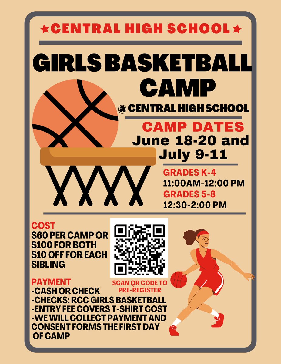 🏀Join us on June 18-20 &amp; July 9-11 for our summer youth girls basketball camps grades k-8 at Central High School. 
Click the link below to pre-register. 🏀

docs.google.com/forms/d/e/1FAI…