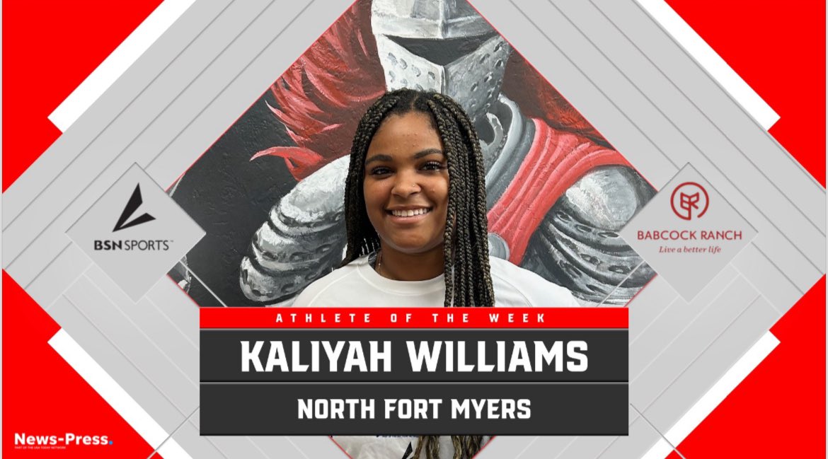 .@NorthFtMyersHS softball player Kaliyah Williams was voted @TheNewsPress #athleteoftheweek for April 29-May 4 sponsored by @babcockranchfl Williams received a T-shirt by @BSNSPORTS_SWFL and a bag from @hssportsawards Look for the next poll Monday at News-press.com