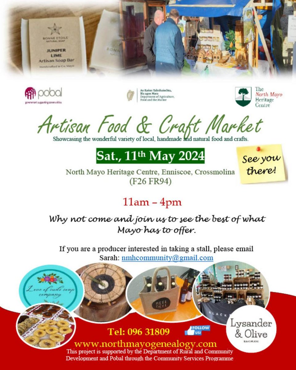 Come to North Mayo Heritage Centre this Saturday the 11th of May to browse and purchase the work of some of Mayo’s talented food and craft makers. The Artisan Food & Craft Market, will run from 11am to 4pm on the day. Visit here for more: northmayogenealogy.com/events