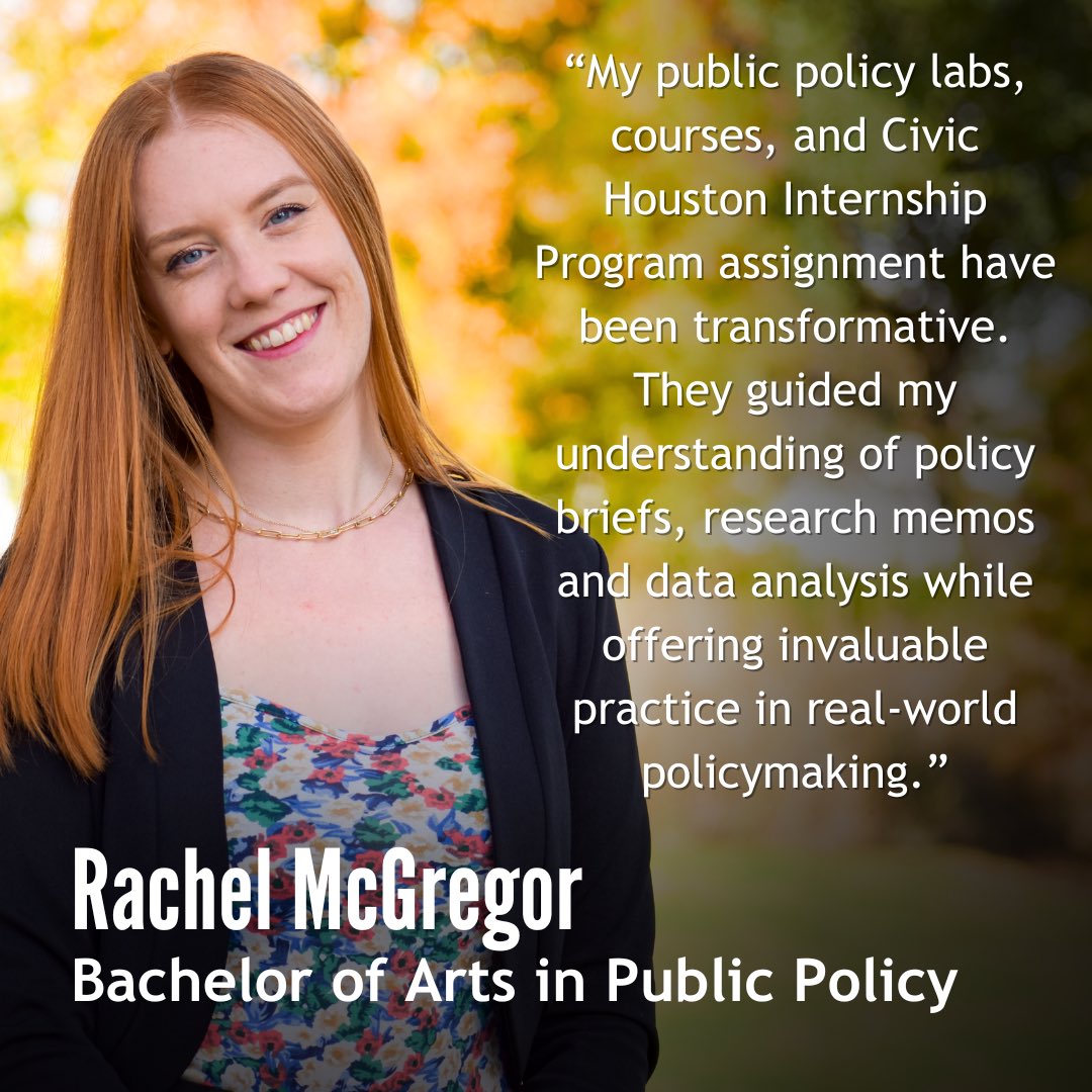 Rachel McGregor is earning her bachelor's degree in public policy. The @HonorsCollegeUH grad was a Civic Houston Intern with @cohmoedu in the fall of 2023, where she worked on expanding programs and resources for Houston's next generation.