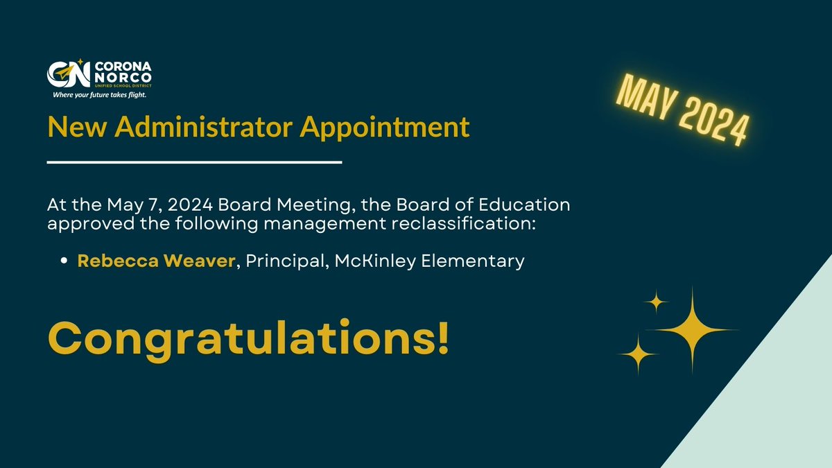 🎉 At the May 7, 2024 Board Meeting, the Board of Education approved management reclassification listed below. Congratulations! We wish you the best of luck in your new role.