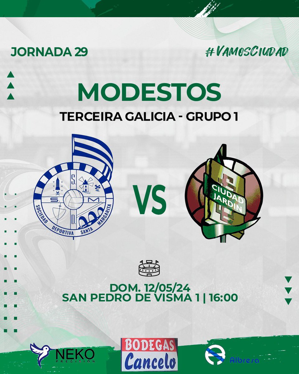 •MODESTOS•

🆚 @stamargaritasd 
⏰ 16:00
🏟️ Visma 1

#VamosCiudad 💚🤍