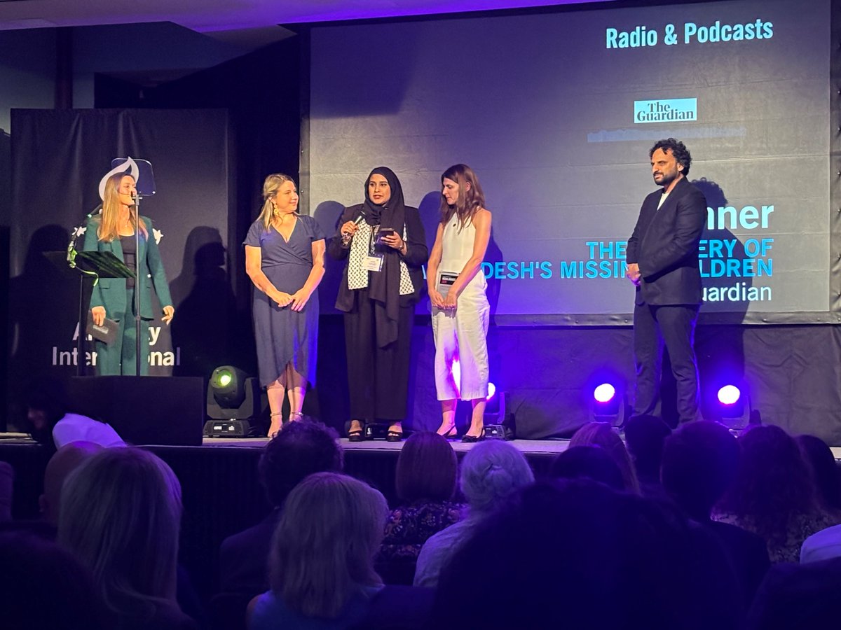 The Radio and Podcasts award goes to ‘The mystery of Bangladesh’s missing children’ from <a href="/guardian/">The Guardian</a>

A big congratulations to <a href="/rosieswash/">Rosie Swash</a> and Thaslima Begum

Listen to the three-part series here: bit.ly/3yfiZk4

#AmnestyMediaAwards