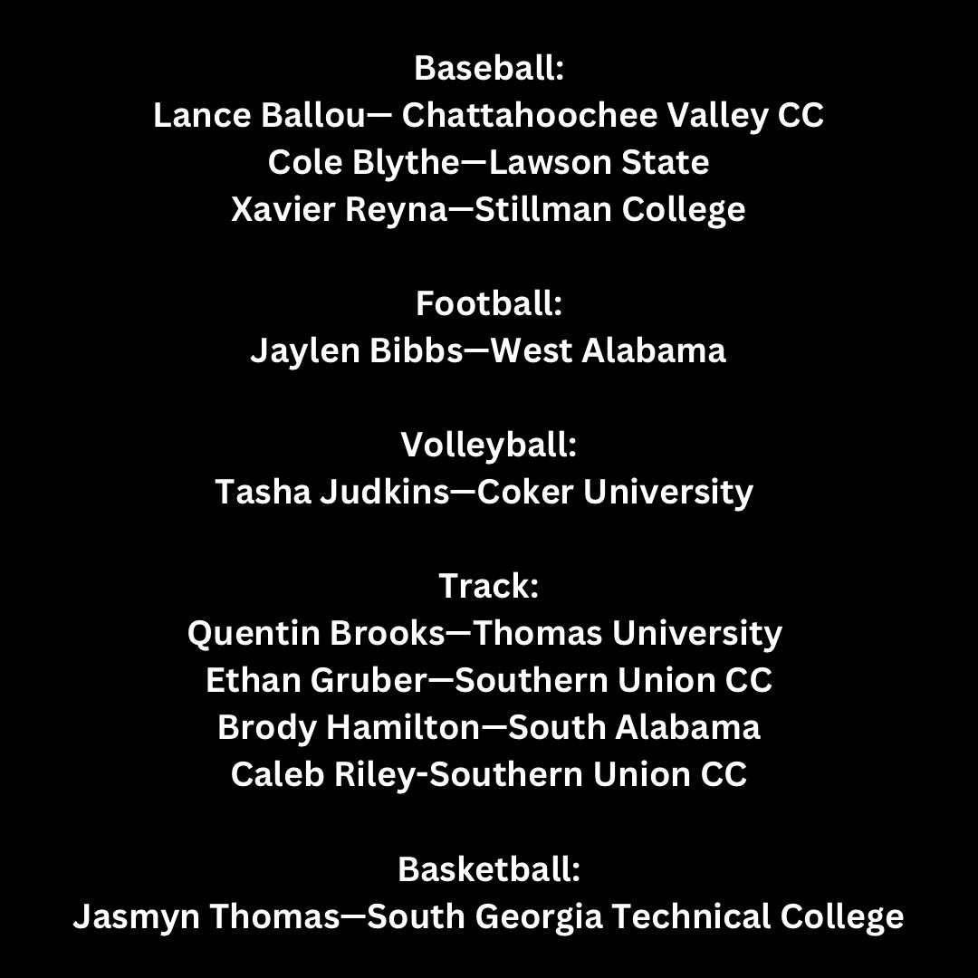Congratulations to the following athletes signing to play at the next level!
@AHSAAUpdates @LedgerEnquirer @WRBLSports @wtvmsports @OpelikaObserver @LawsonStateCC @CVCCPirates @StillmanCollege @CokerUniversity @UWAAthletics @ThomasU1950 @SouthAlabamaTXC @SUSCC_Athletics @SGTCJets