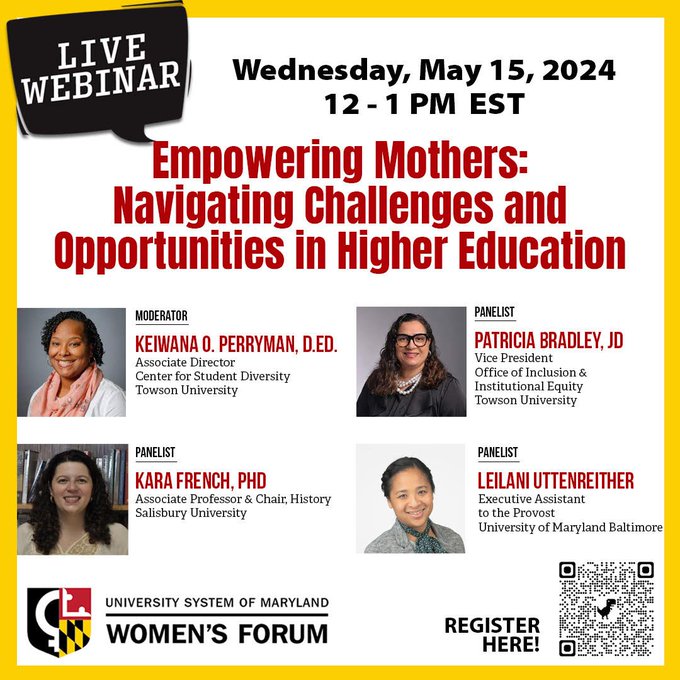 The @USMWomensForum presents 'Empowering Mothers: Navigating Challenges and Opportunities in Higher Education!' ♀️📚 Mothers in academia face unique challenges while pursuing our professional and personal goals! Join us Wednesday, May 15th on zoom! bit.ly/3JSEqdk