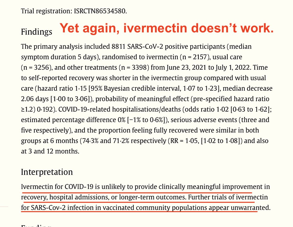 Yet another study. Ivermectin doesn't work. Will this stop the ivermectin cult? Nah. It's an ideological flag! Study: sciencedirect.com/science/articl… 'Ivermectin for COVID-19 is unlikely to provide clinically meaningful improvement in recovery, hospital admissions, or longer-term…