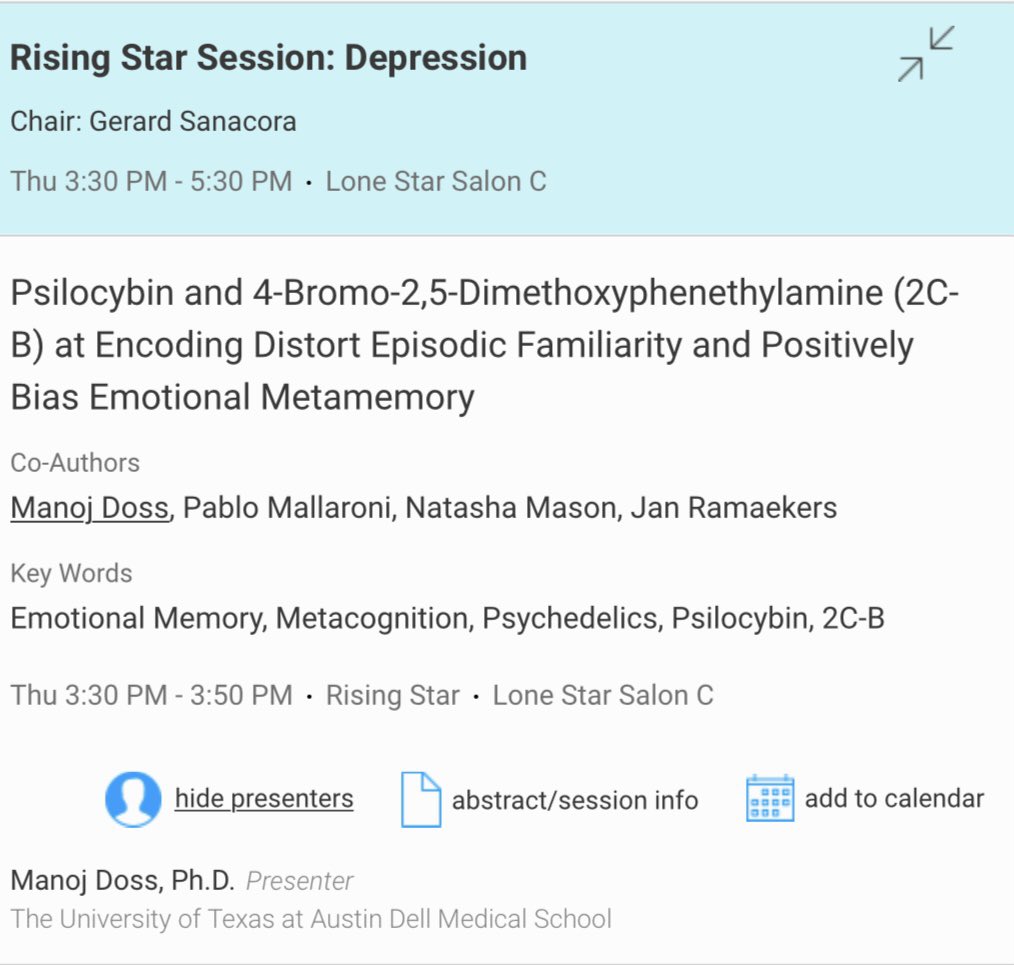 If you’re at @SOBP, come to my talk today at 3:30 PM during the Rising Star Session to hear me speak about the effects of psilocybin and 2C-B on episodic memory encoding.