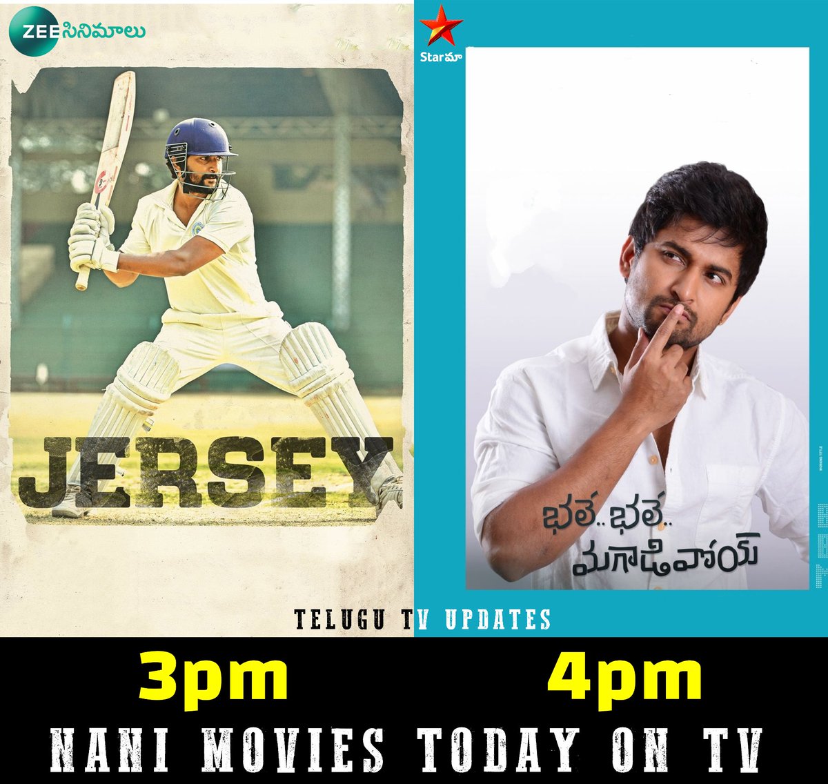 Natural Star #Nani super hits today on television 🔥🔥 #Jersey 3pm - Zee Cinemalu #BhaleBhaleMagadivoy 4pm - Star Maa #SaripodhaaSanivaaram