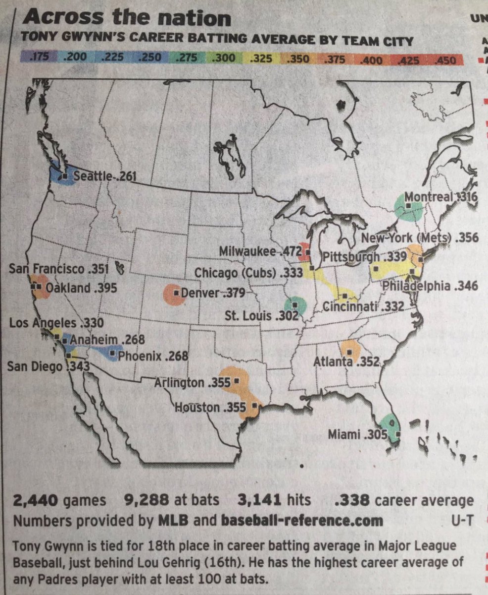 Thinking of Tony Gwynn on what would have been his 64th birthday. Here’s a weather map I love to share that the Union-Tribune did in 2014 to honor him. The forecast called for reign.