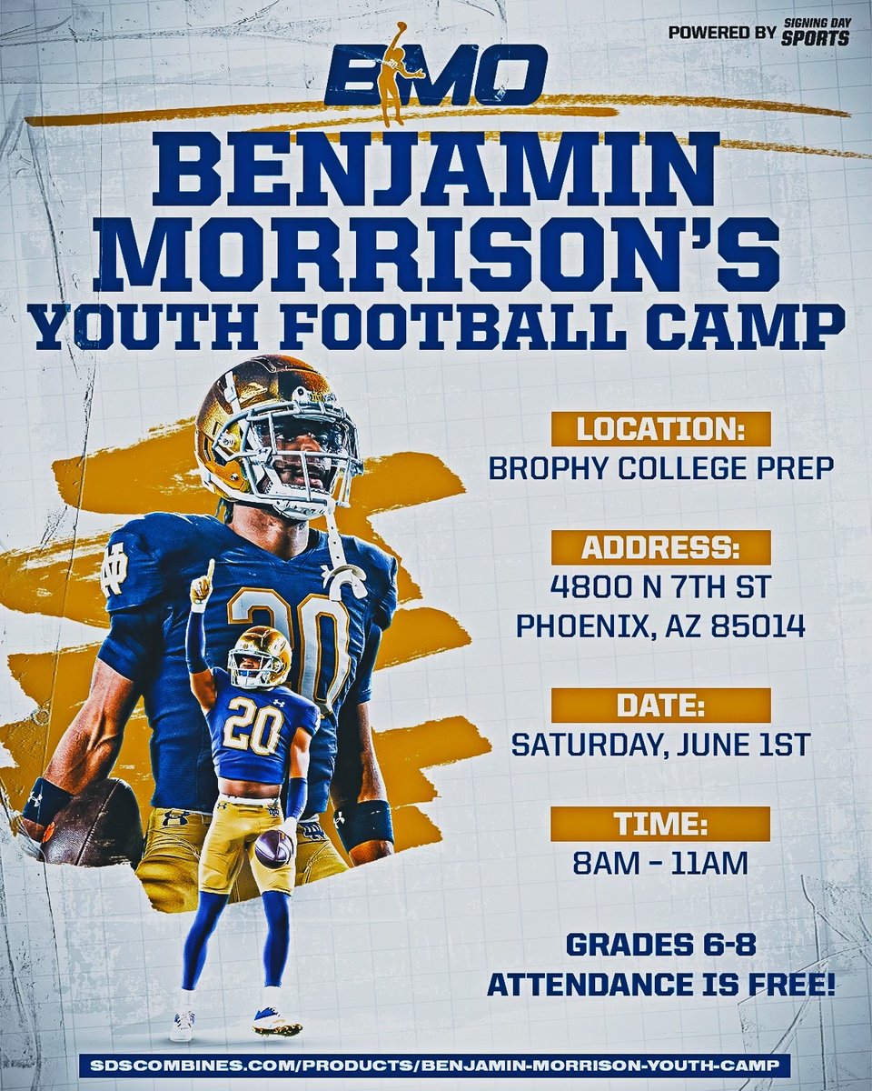 I am excited to host the next generation of All Americans at the Benjamin Morrison Youth Football Camp on June 1st in Phoenix, AZ! Registration is free and open Grades 6-8. Register Today. sdscombines.com/products/benja…