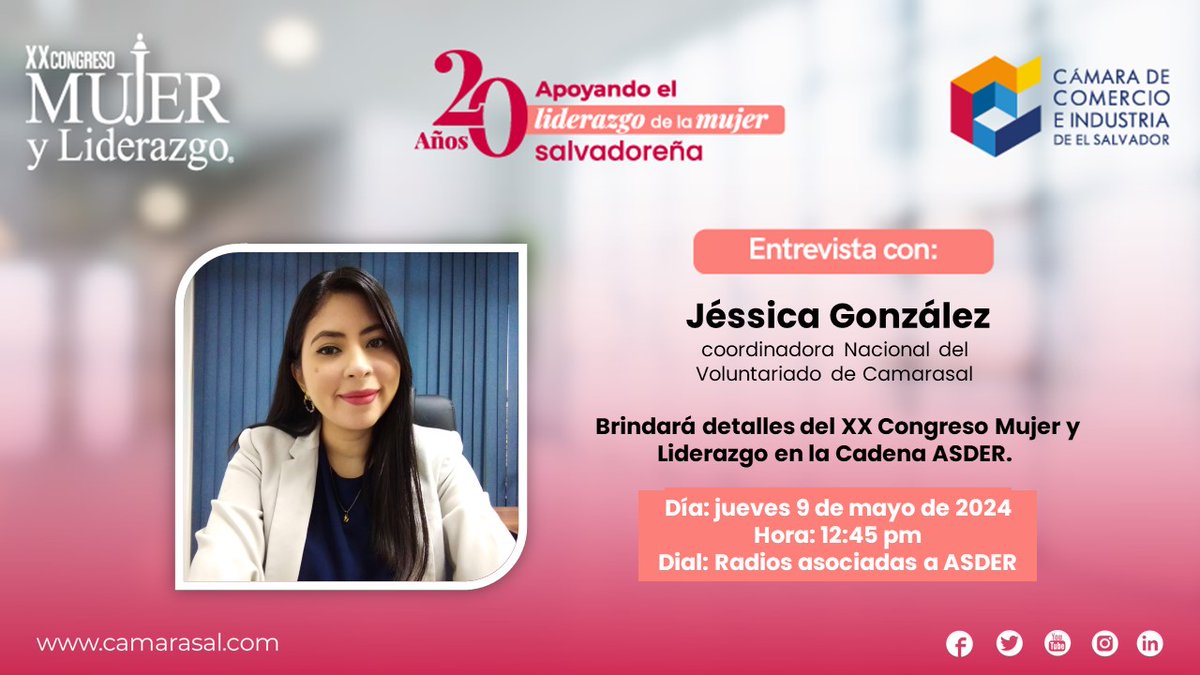 #EnBreve: Jéssica González, coordinadora Nacional de Voluntariado #Camarasal, brindará detalles del XX #CongresoMujerYLiderazgo en la #CadenaASDER, de
@ASDER_sv   

¡Sintonízalo!