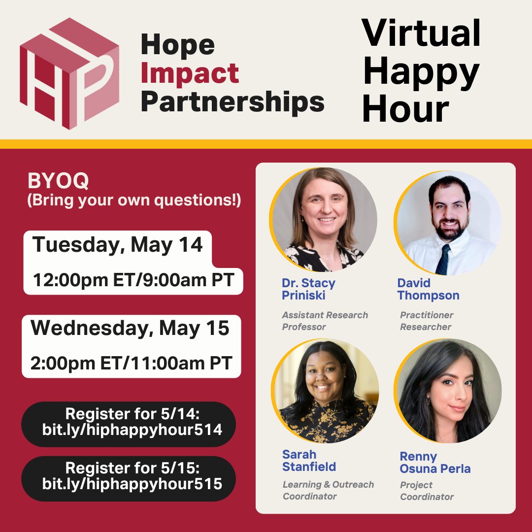 We are recruiting for our Fall 2024 cohort of Hope Impact Partnerships (HIP)! Meet the team during one of our virtual happy hours to learn how HIP can support you in building an ecosystem of support for your students.

Register:
bit.ly/hiphappyhour514
bit.ly/hiphappyhour515