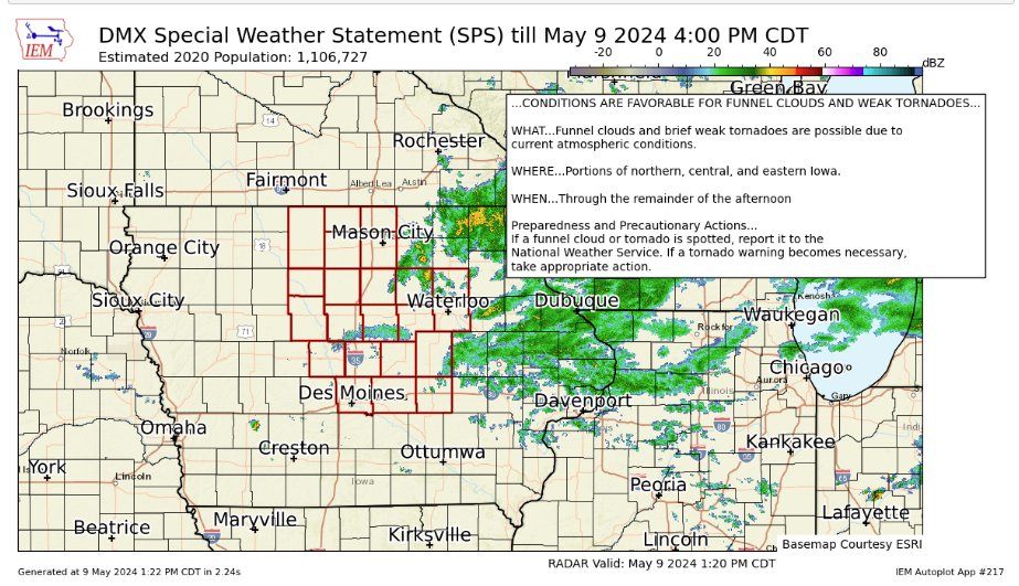 ‼️ Attention! Atmospheric conditions have become favorable for funnel clouds or brief tornadoes this afternoon across nrn/central Iowa. A brief tornado was recently reported in Floyd County. Take cover if a tornado is spotted! #iawx