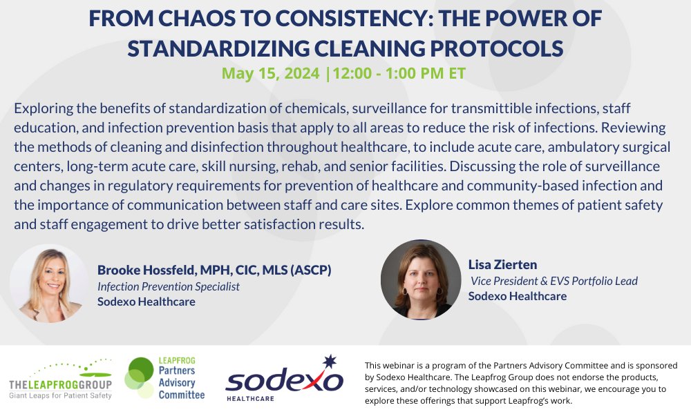 Explore the benefits of standardization of chemicals and surveillance for transmittable infections in this webinar with @SodexoUSA Healthcare infection prevention specialist Brooke Hossfeld and EVS portfolio lead and Vice President Lisa Zierten. ow.ly/2WQ850RzJR7
