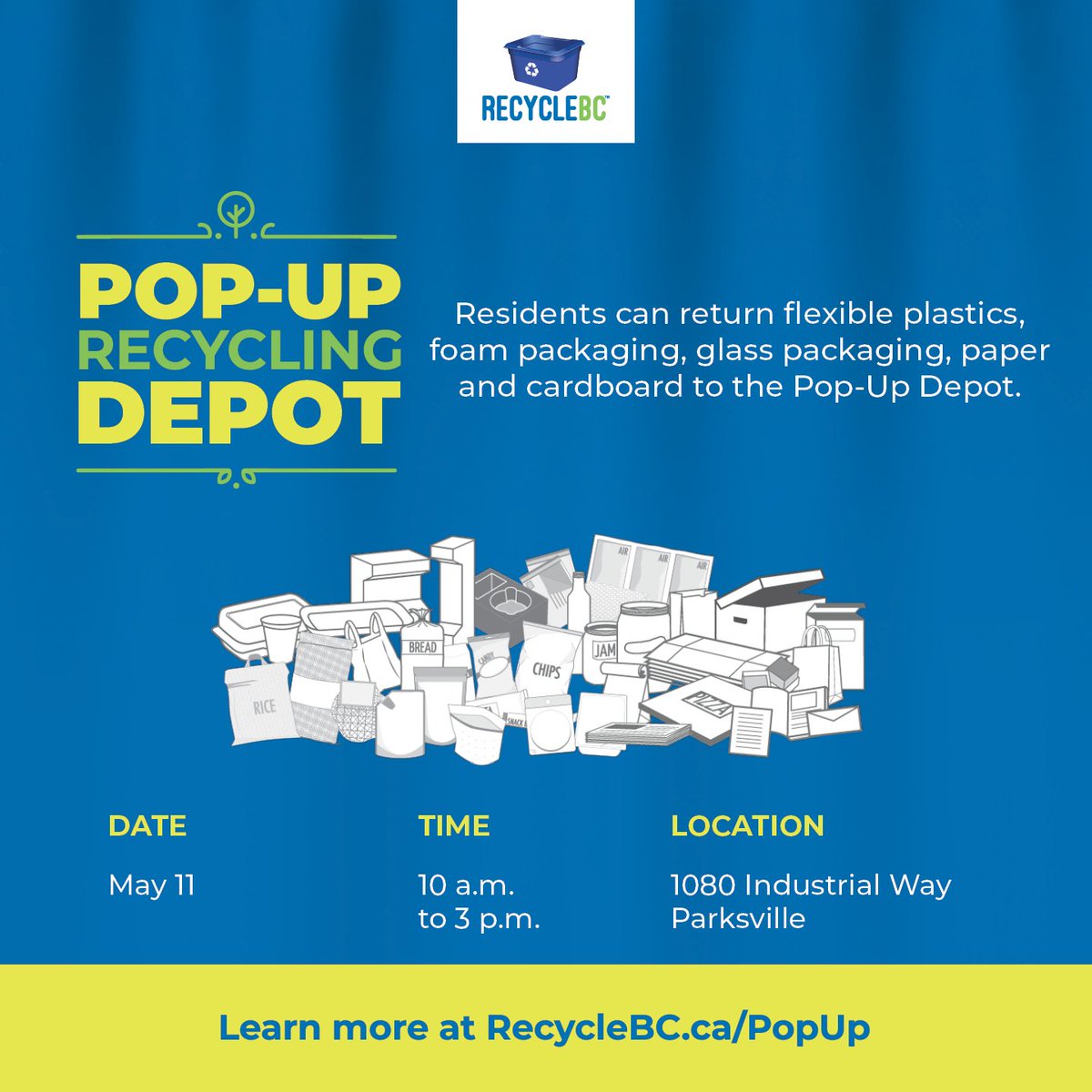 #Parksville BC: The Recycle BC Pop-Up Depot is open this Saturday, May 11, from 10 a.m. to 3 p.m. at 1080 Industrial Way. See accepted materials and the 2024 schedule at RecycleBC.ca/PopUp. Provided in partnership with the Parksville Community Centre Society ♻️ #RecycleBC