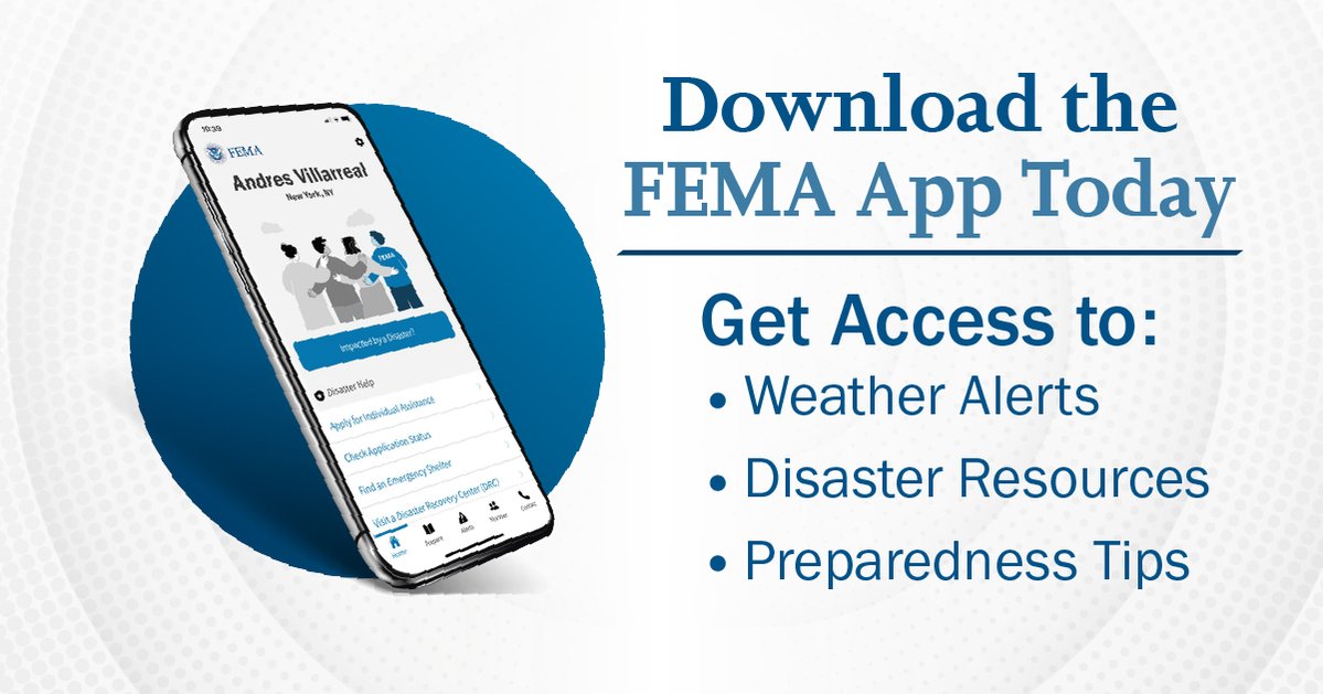 You should always be prepared for severe weather. Follow updates from your local officials. Download the FEMA App to receive real-time @NWS alerts, safety tips, & sheltering information for up to 5 locations: 📲 iTunes: apple.co/1ynB61F 📲 Android: bit.ly/2a4UFBD